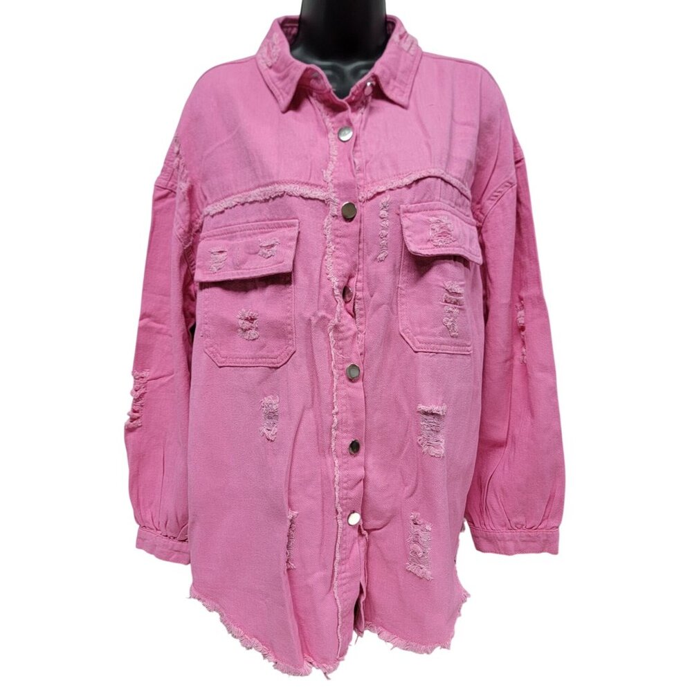 Distressed Pink Button-Up Shirt With Frayed Hemline Dual Chest Pockets XL